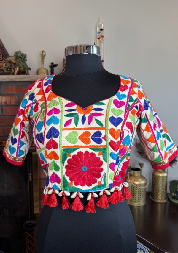 White Red Kutchi Kodi Tassel Blouse